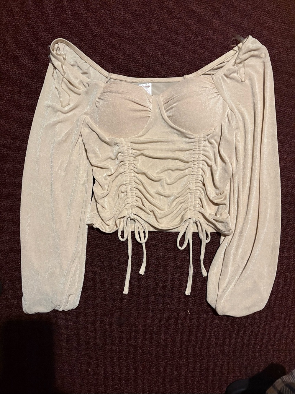 Beige Ruched Long-Sleeve Crop Top - Women